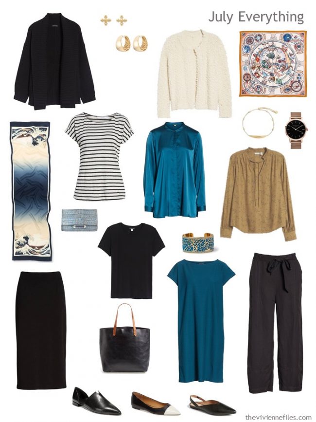 5. July travel capsule wardrobe in black, ivory, teal and camel