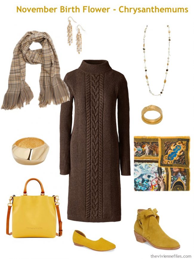 5. brown dress accented with gold