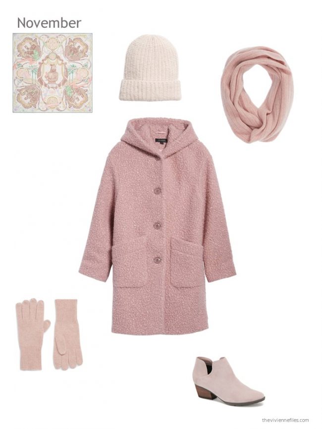 5. pink winter coat with pink accessories