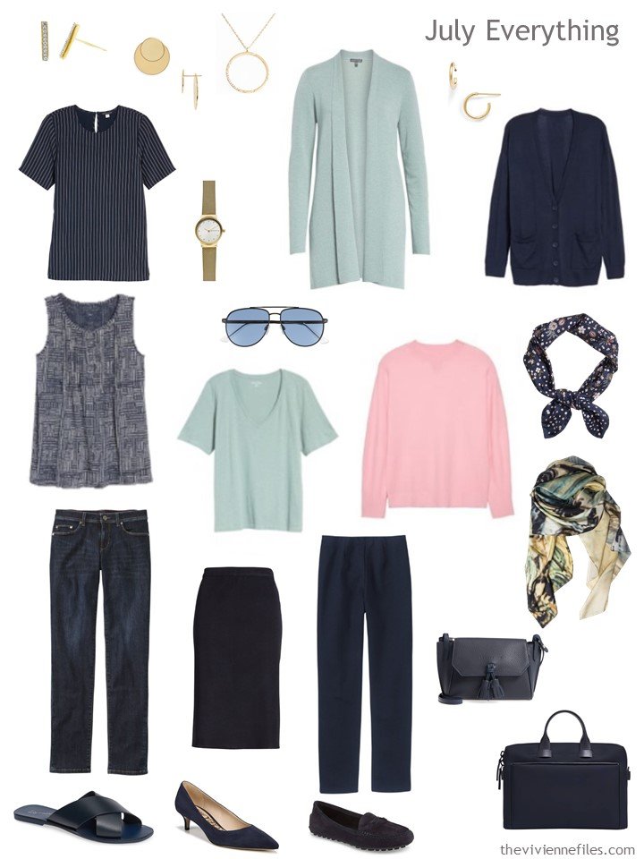 5. travel capsule wardrobe in navy, light green and pink