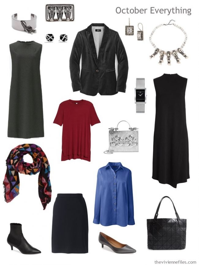 6. Capsule Travel Wardrobe for October in black, red and blue