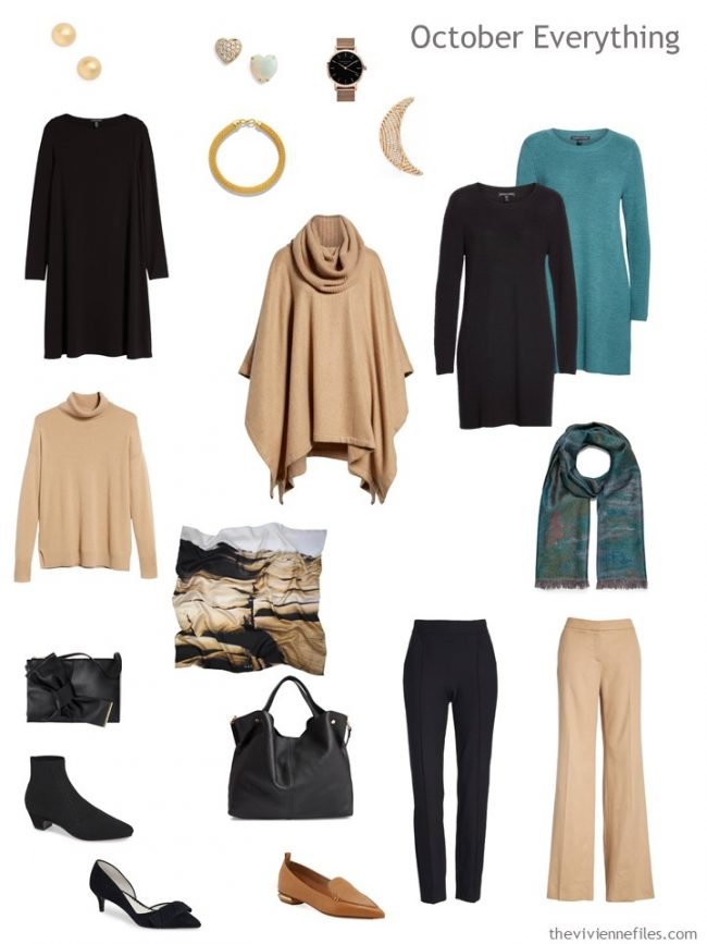 6. October travel capsule wardrobe in black, camel and teal