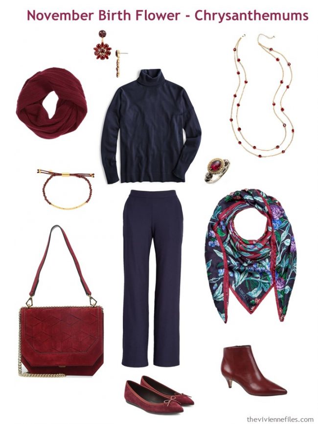 6. navy sweater and pants accented with wine red