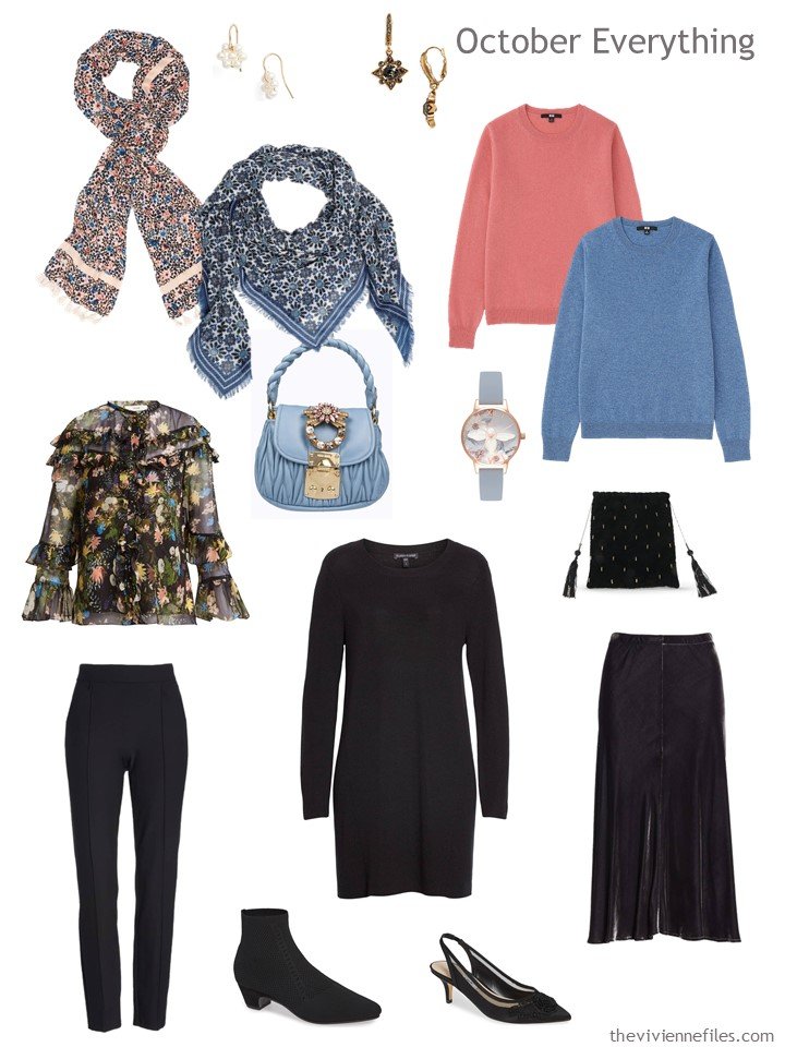 6. travel capsule wardrobe in black, coral and blue