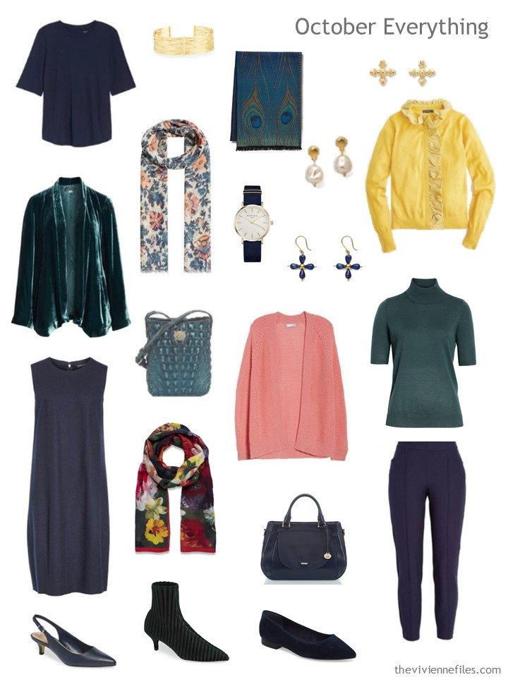 6. travel capsule wardrobe in navy, teal, pink and yellow