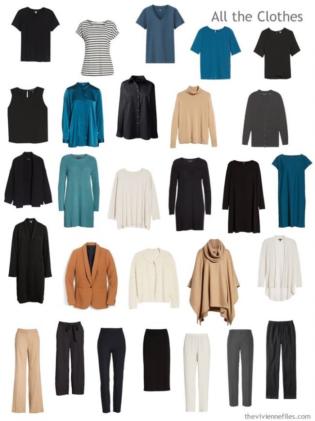 7. capsule wardrobe in black, camel, teal and ivory