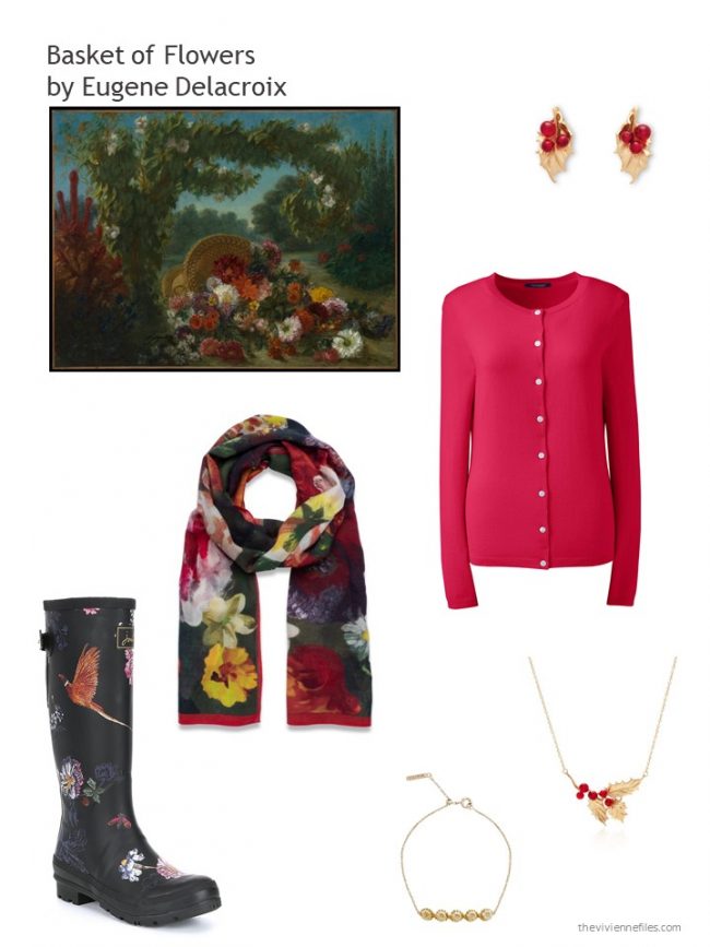 8. red cardigan and related floral accessories