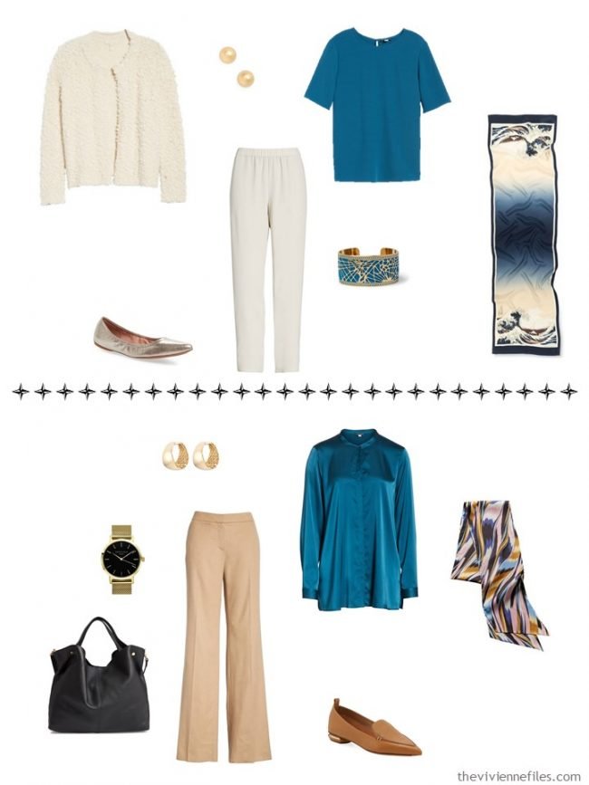 9. 2 additional outfits from a capsule wardrobe in black, camel, ivory and teal