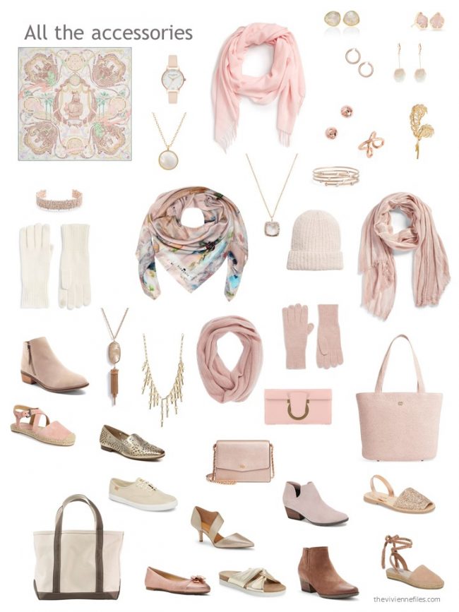 9. accessories for a mostly beige and pink capsule wardrobe