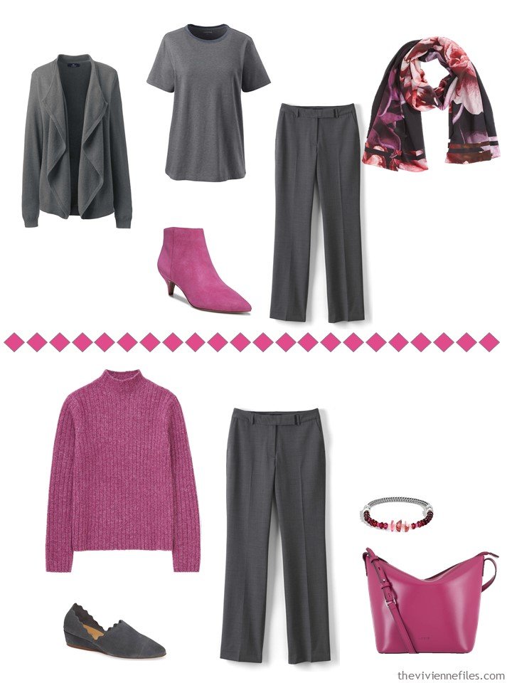 9. accessorizing charcoal grey pants with Pink Peacock