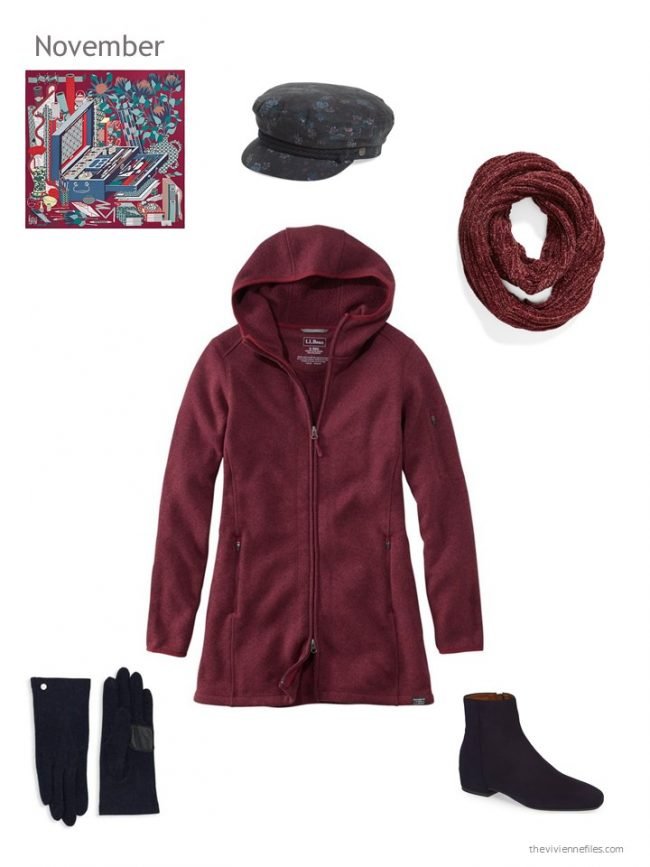 9. burgundy winter jacket with navy and burgundy accessories