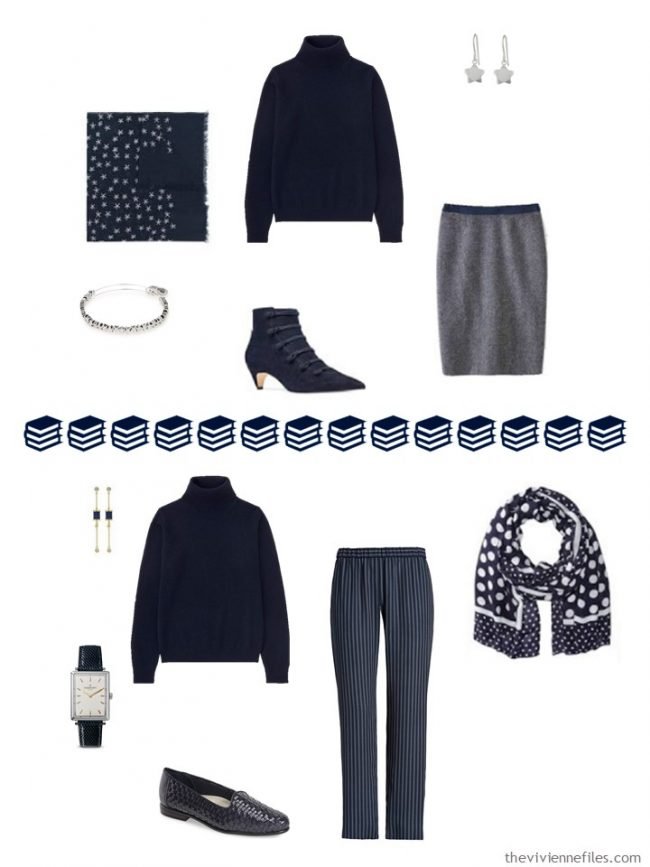 12. 2 ways to wear a navy cashmere turtleneck in a navy and white capsule wardrobe