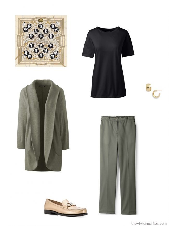 13. outfit in olive and black with gold accessories