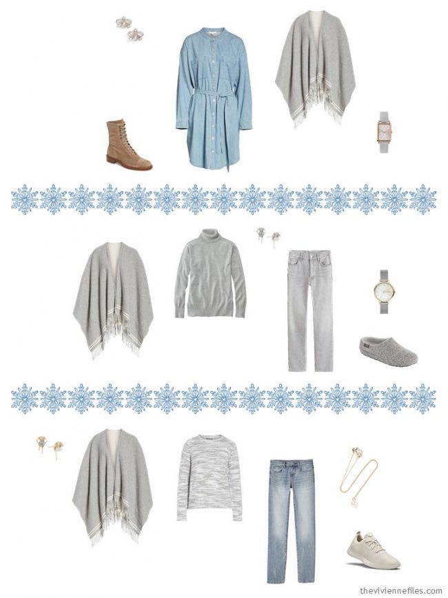 16. adding a grey poncho to a capsule wardrobe