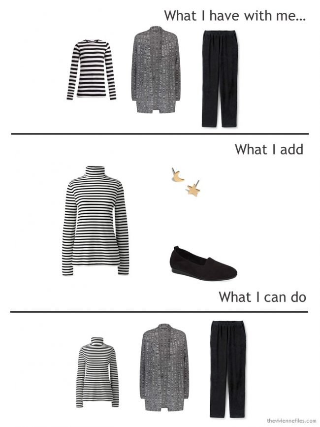 2. adding a black striped turtleneck to a travel wardrobe