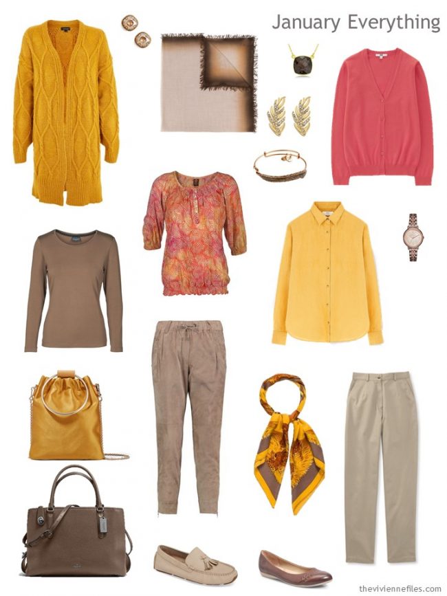 3. Winter travel capsule wardrobe in gold, brown and pink