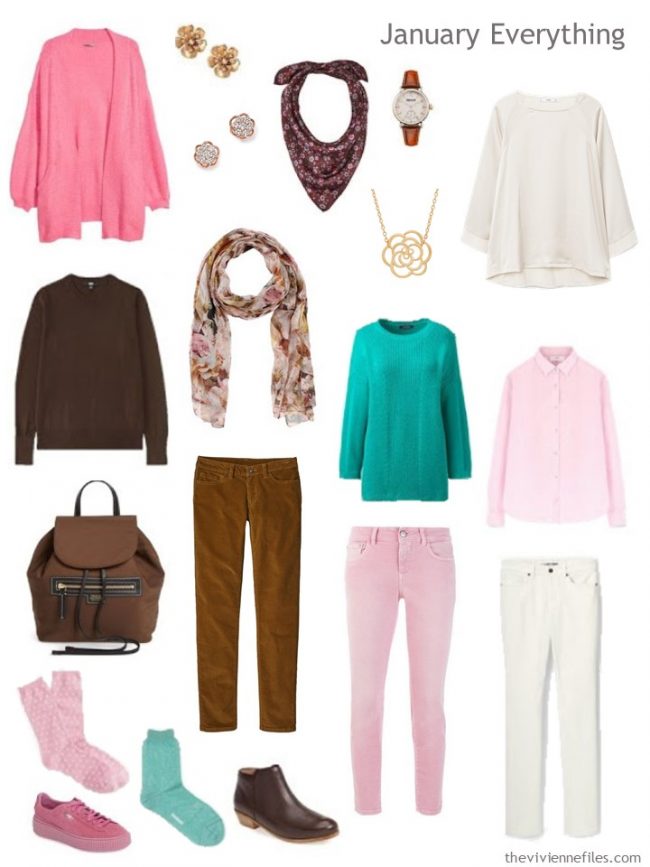 3. Winter travel capsule wardrobe in brown, pink, ivory and green