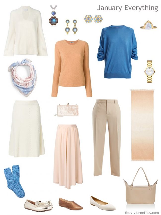 3. Winter travel capsule wardrobe in ivory, peach and teal