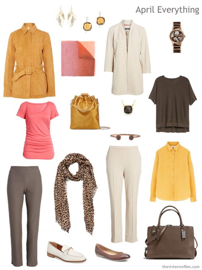 4. Spring travel capsule wardrobe in brown, gold, pink and beige