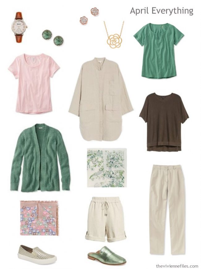 4. Spring travel capsule wardrobe in brown, pink, beige and green