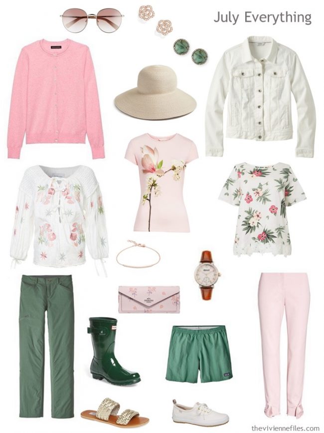 5. Summer travel capsule wardrobe in green, pink, and ivory