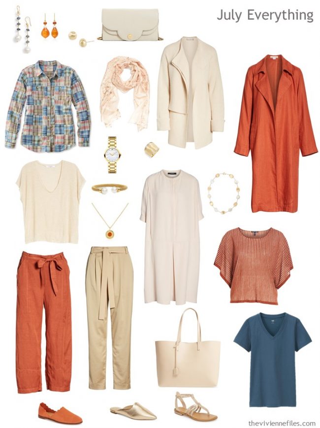 5. Summer travel wardrobe in orange, beige and teal