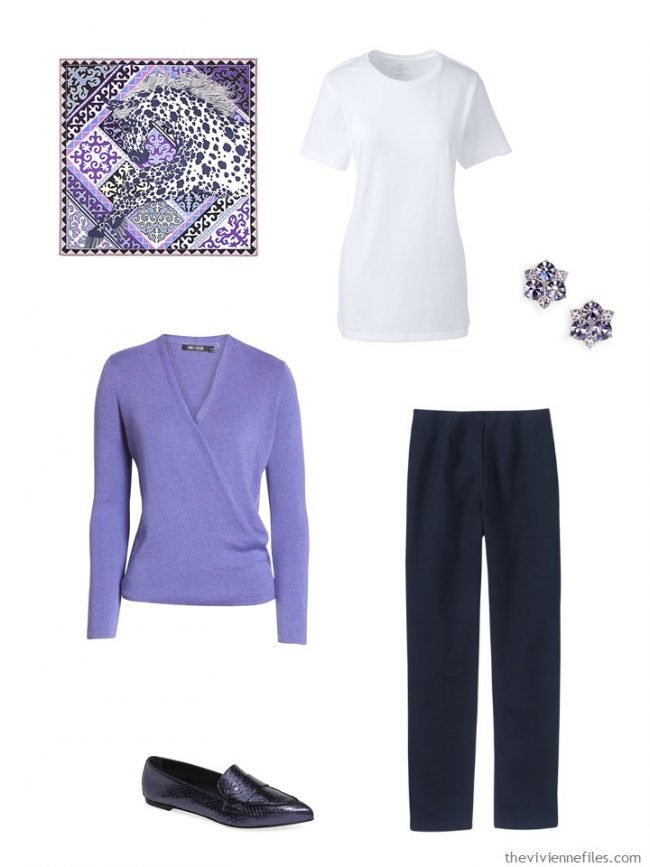 5. outfit in navy, lavender and white