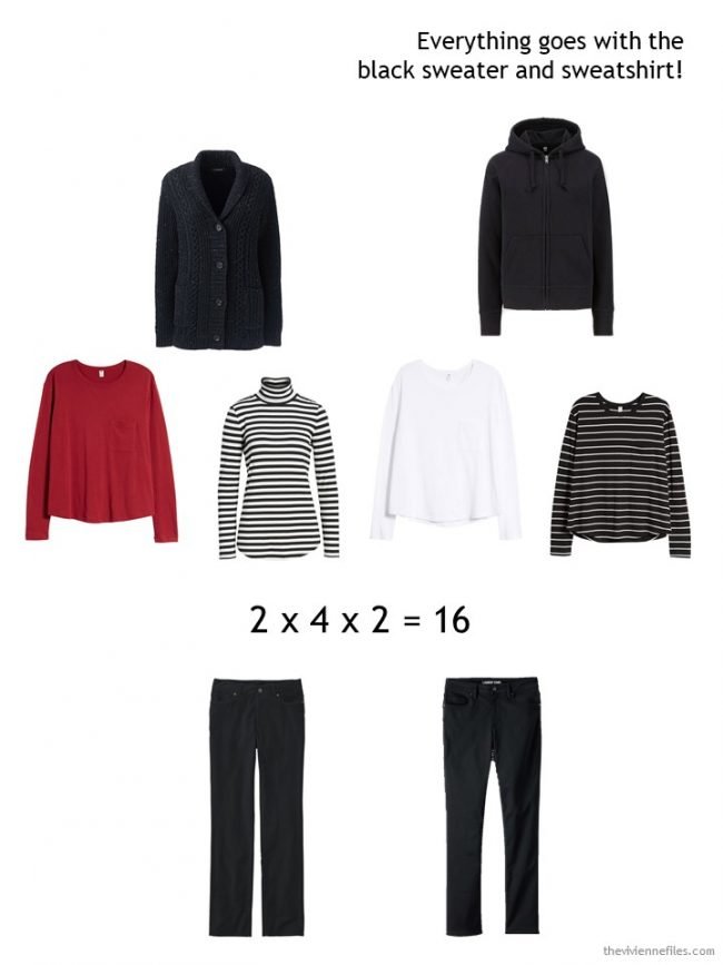 5. wearing a black cardigan or sweatshirt in a winter capsule wardrobe