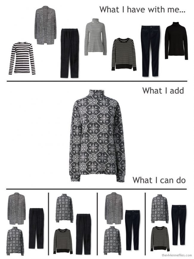 6. adding a black & white print cotton turtleneck to a travel capsule wardrobe