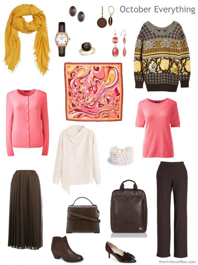 6. autumn travel capsule wardrobe in pink, brown, gold, and ivory