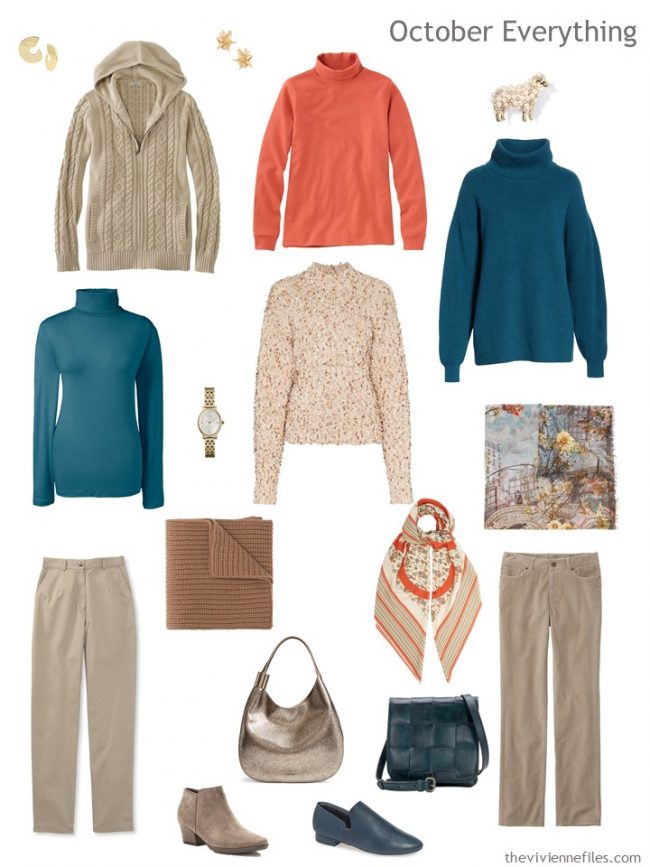 6. autumn travel wardrobe in orange, beige and teal