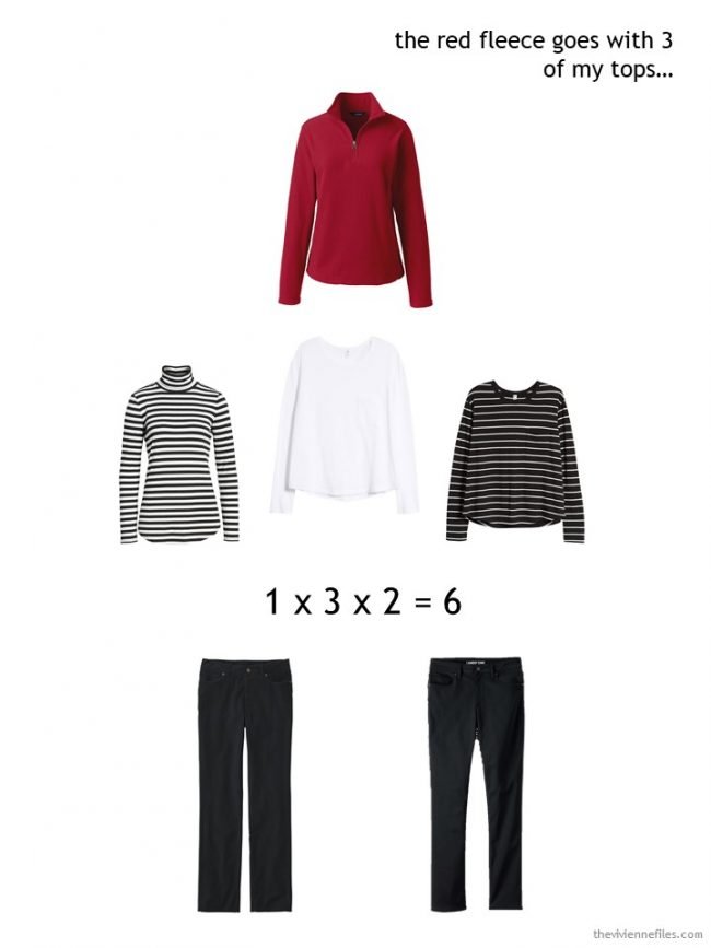 6. wearing a red fleece top in a winter capsule wardrobe