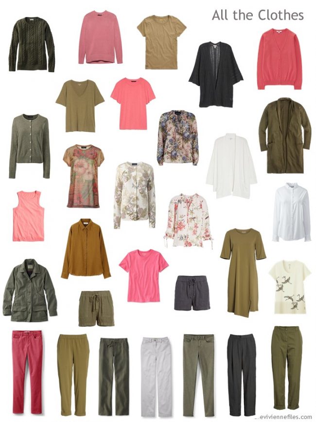 7. Clothes in a capsule wardrobe of grey, green, ivory, gold and pink