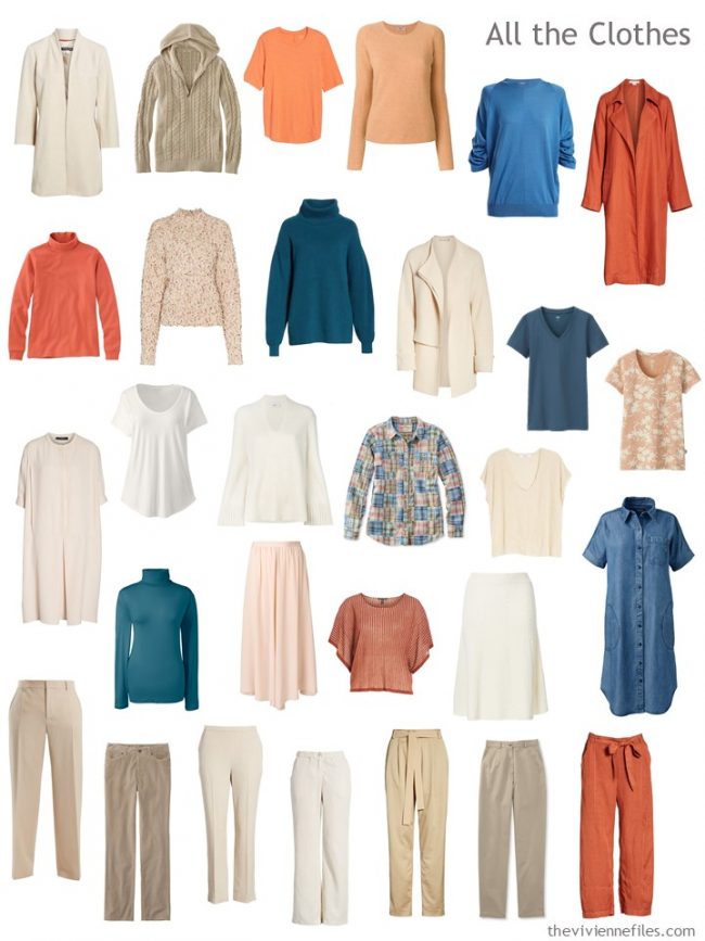 7. capsule wardrobe in beige, orange, ivory and teal