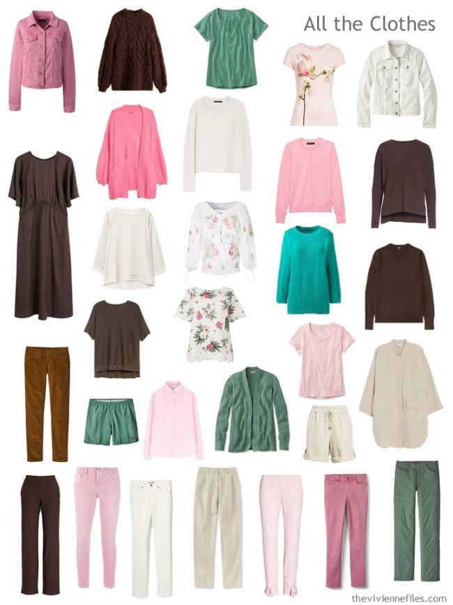 7. capsule wardrobe in brown, green, pink and ivory