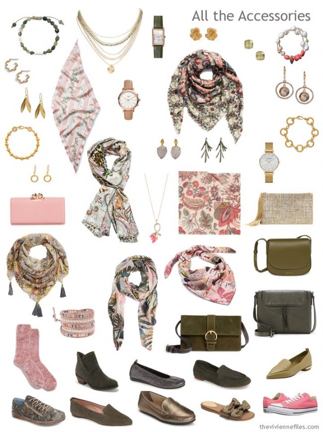 8. Accessories for a capsule wardrobe of green, grey, pink, and gold