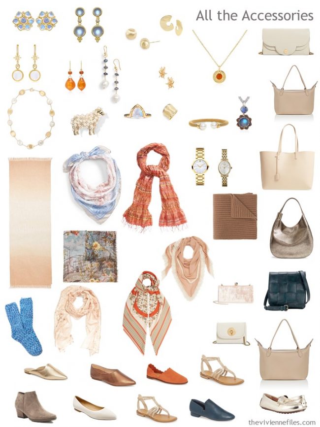 8. accessories for a beige, teal and orange capsule wardrobe