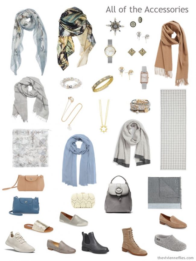 8. accessories for a capsule wardrobe in beige, grey, blue and cream