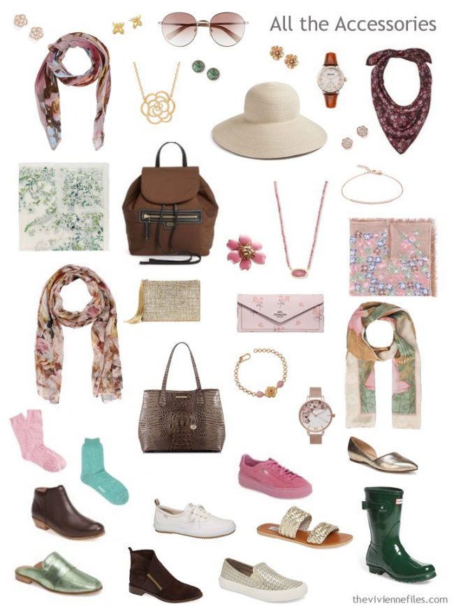 8. accessories for a capsule wardrobe in brown, green, pink and ivory