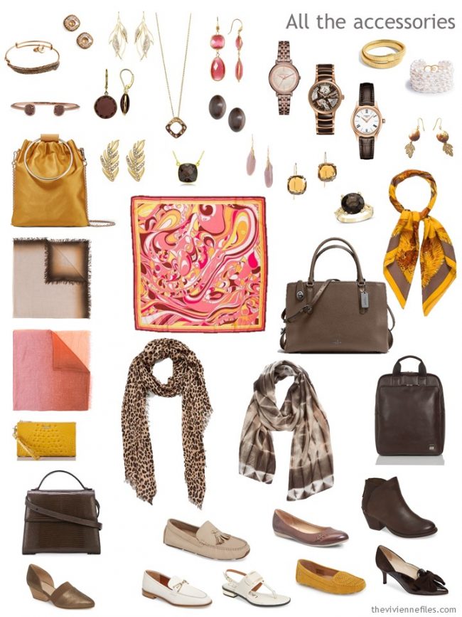 8. accessories for a capsule wardrobe in pink, brown, gold and ivory