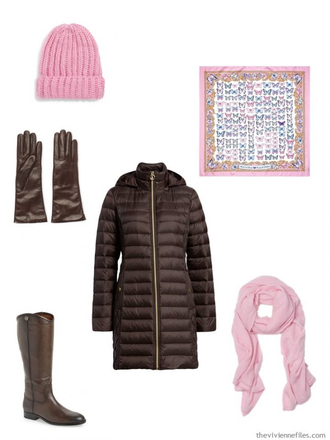 9. adding a winter coat ensemble to a capsule wardrobe in brown, pink, green and ivory