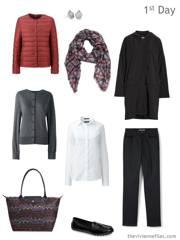 1. cold weather travel outfit in black, white, grey and russet