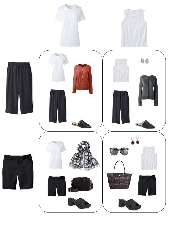 10. 4 outfits from a travel capsule wardrobe in black, white, grey and red