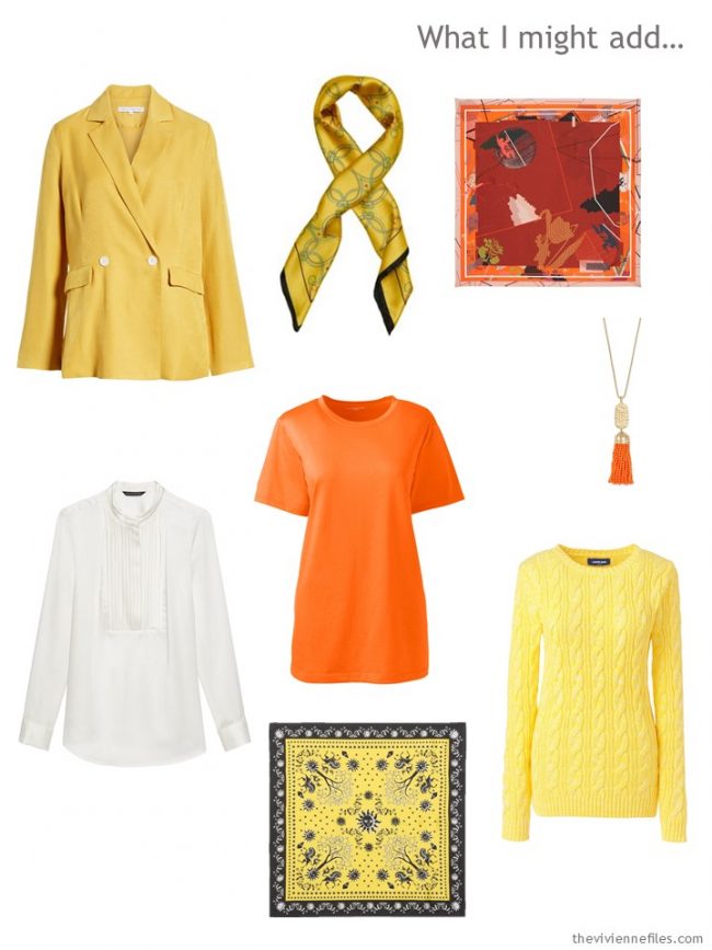 10. adding yellow and orange accents, and a white blouse, to a capsule wardrobe