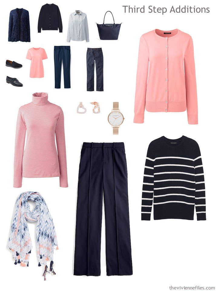 11. adding garments to a navy an coral travel capsule wardrobe