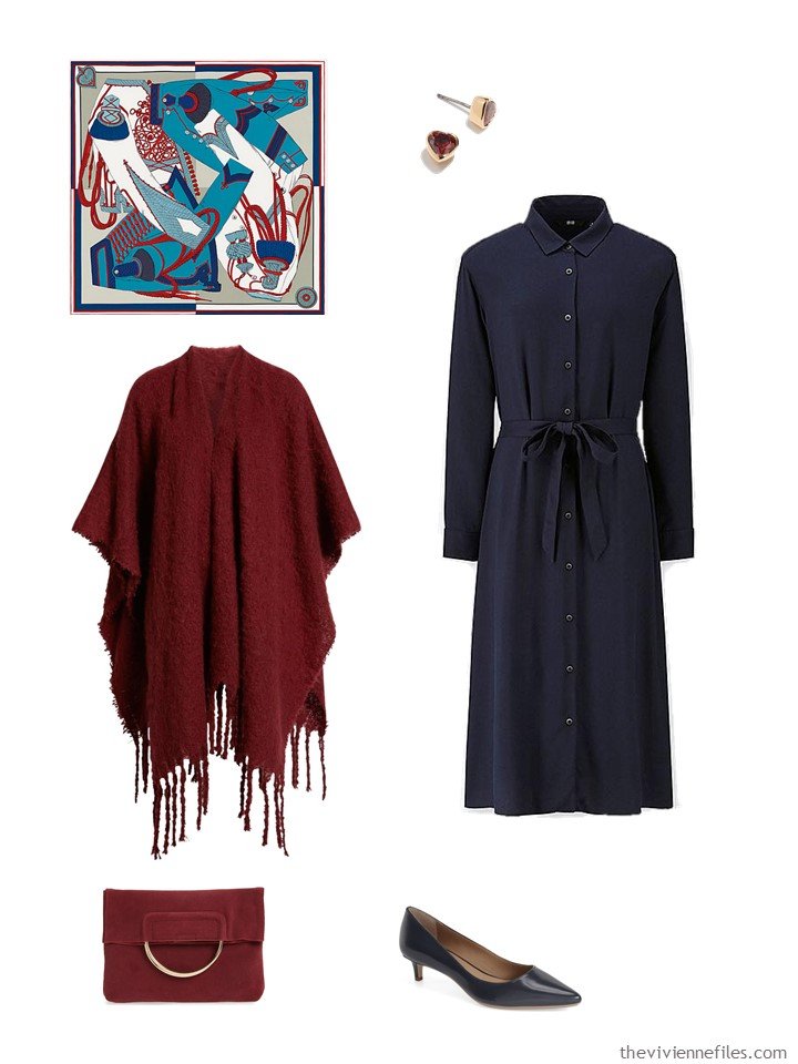 11. navy dress with burgundy accessories