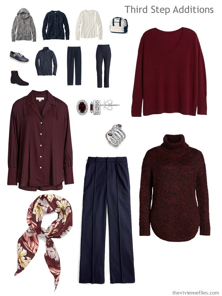 12. adding garments to a navy, beige and burgundy travel capsule wardrobe