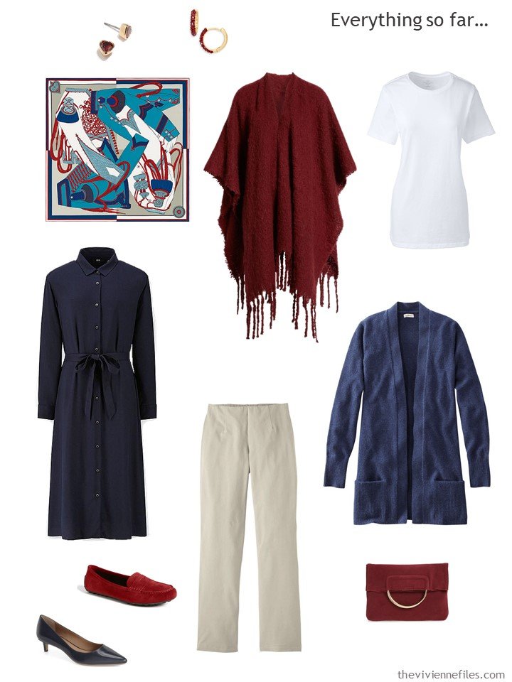 12. travel capsule wardrobe in beige, navy, burgundy and white