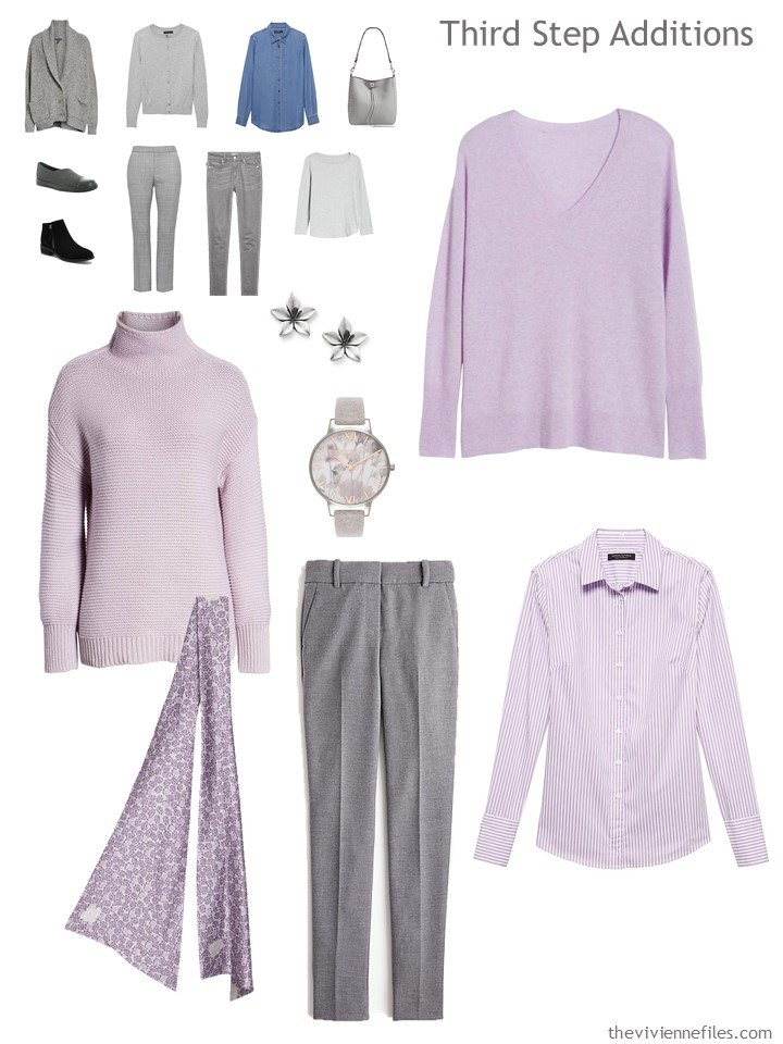 13. adding garments to a lavender, grey and denim travel capsule wardrobe