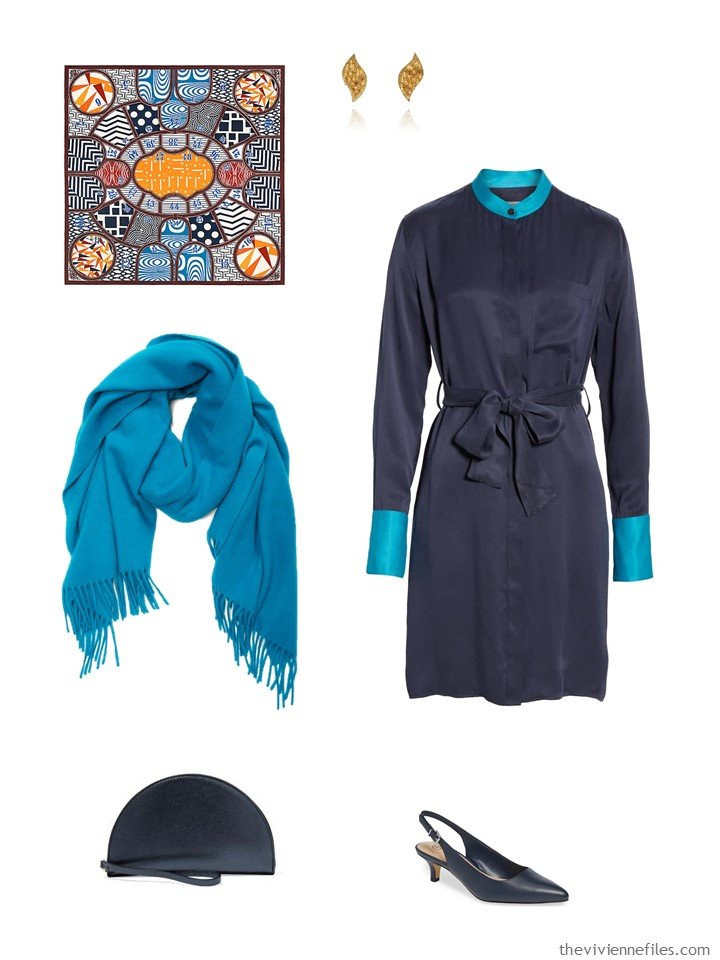 14. navy dress with turquoise accessories